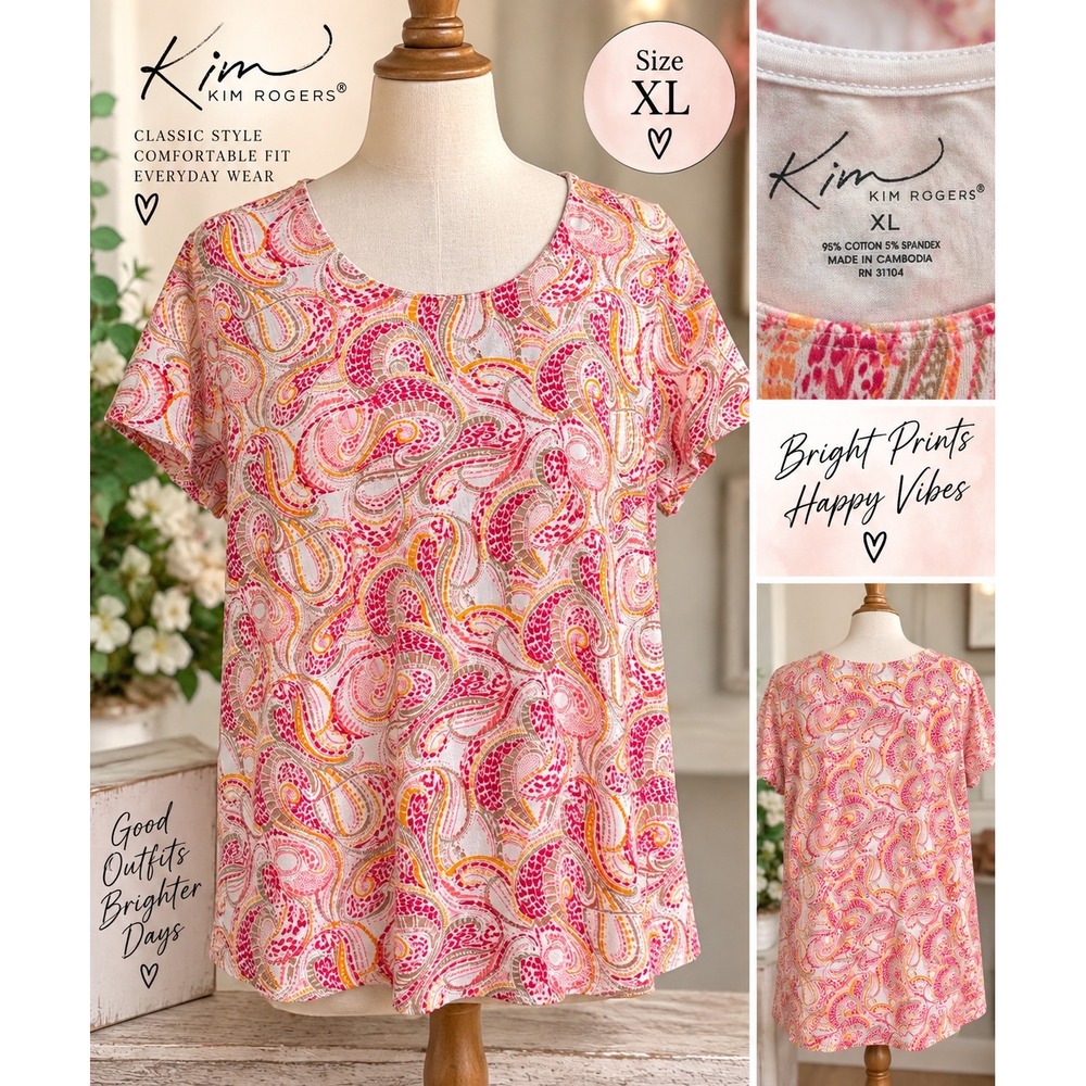 Kim Rogers Womens XL Pink Orange Paisley Animal Print Short Sleeve T-Shirt Top